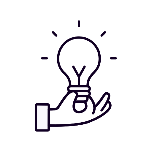 A simple line drawing of a hand holding a glowing light bulb, symbolizing an idea or innovation.