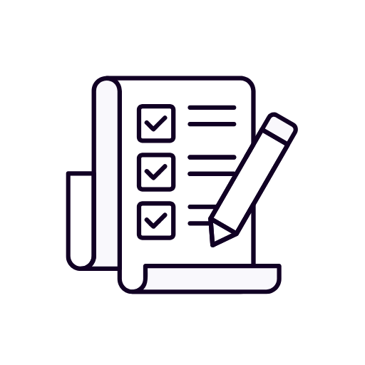 A simple line drawing of a checklist on a clipboard with three checkboxes, each with a checkmark, and a large pencil next to it.