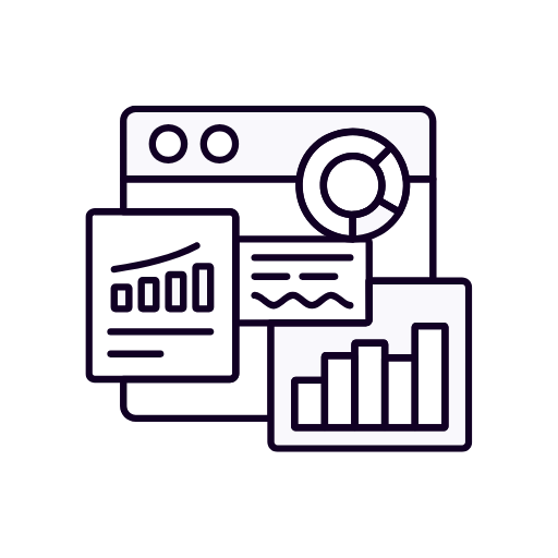 Line art of a web browser window with charts, graphs, and data analytics icons, illustrating data analysis and business statistics.
