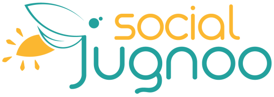 Logo for Social Jugnoo featuring stylized teal text and a yellow sun with abstract rays. The J in Jugnoo curves around the sun, and social is written in lowercase yellow letters above Jugnoo.