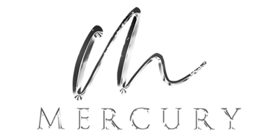 Stylized silver script M above the word MERCURY in uppercase, metallic letters on a transparent background.