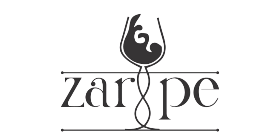 Logo with the word zarpe in lowercase letters. The a is stylized as a wine glass with a hand forming the letter inside, and the stem of the glass forms a twisting line connecting two horizontal bars.