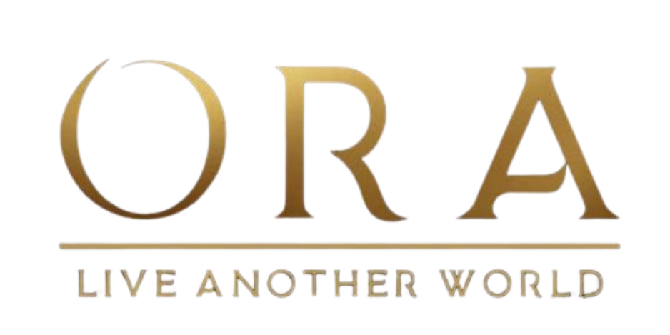 Gold text logo with the word ORA in large capital letters above a line, and the phrase LIVE ANOTHER WORLD in smaller capital letters below the line, all on a transparent background.