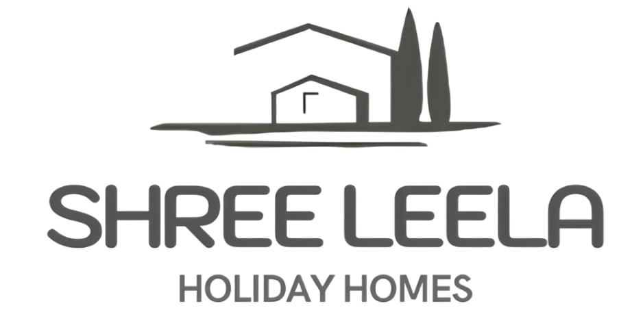Logo for SHREE LEELA HOLIDAY HOMES featuring a minimalist house with two tall trees beside it above the company name in bold, modern lettering.